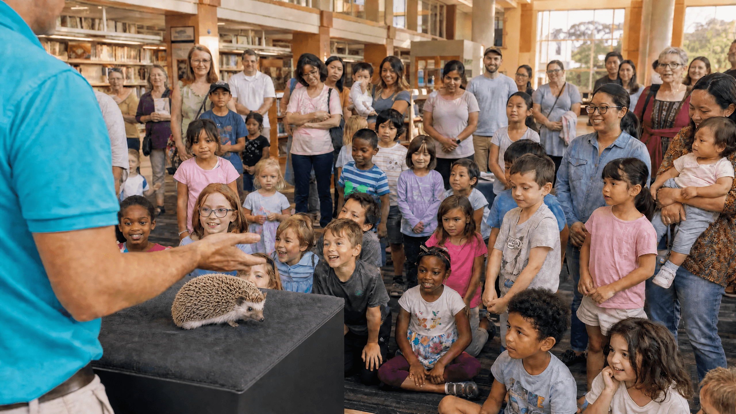 A multicultural crowd of families and children gathered in a library atrium around a hedgehog on a low display table, with a Hands On Exotics handler presenting at the edge of the frame