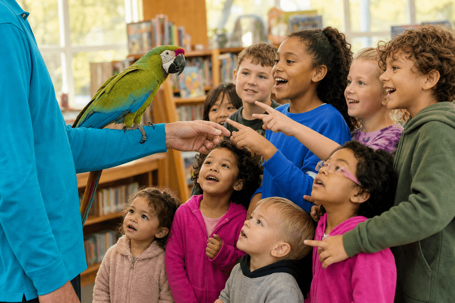 A multicultural group of children of varied ages gathered around a green-winged macaw perched on a Hands On Exotics handler arm in a library program room