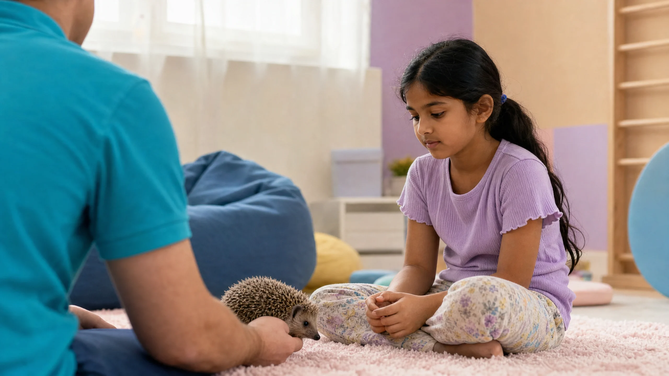 A young South Asian child seated cross-legged on a soft rug in a quiet pastel sensory room, calmly observing a small hedgehog with a Hands On Exotics handler in a cyan polo seated nearby providing the animal