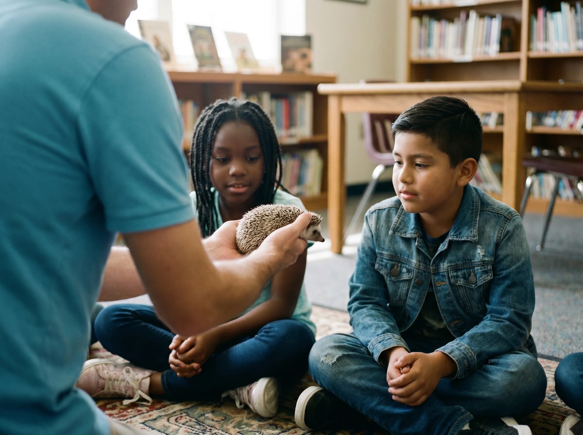 Two students seated cross-legged on the floor of a calm library setting, gently observing a small hedgehog held by a Hands On Exotics handler in a cyan polo at the edge of the frame