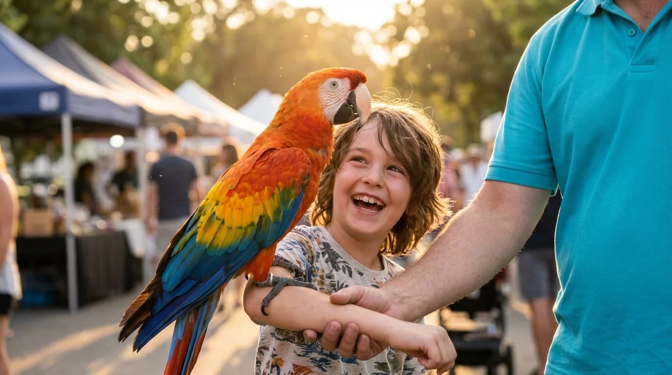 Child smiling while holding a colorful Catalina macaw with a handler in cyan polo helping in the background
